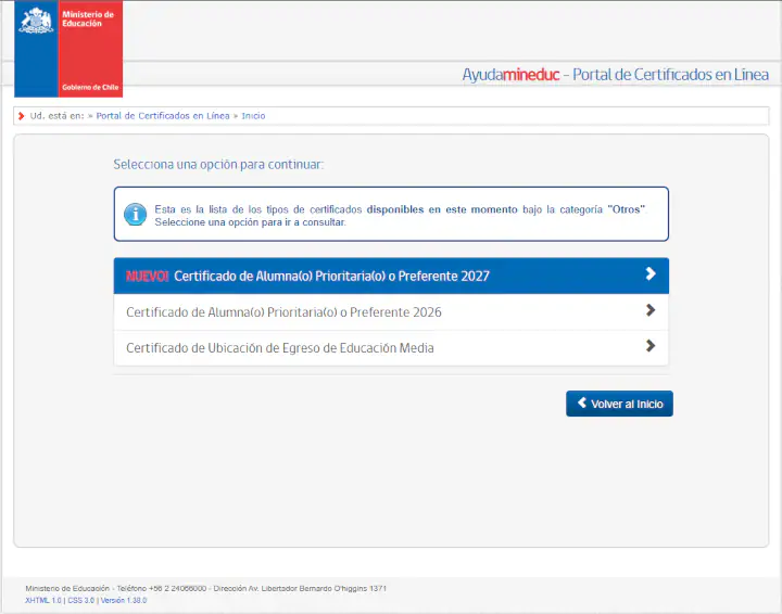 Paso 2: Acceder a Certificado de Alumna(o) Prioritario o Preferente 2027 en Desktop